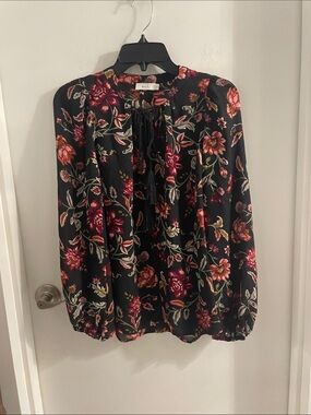 A.L.C size 4 black & multicolor silk Royan Tassel Tie Neck Floral Print Blouse